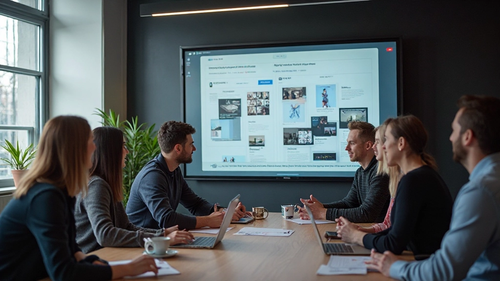 Team samenvergadering met Figma design files op groot scherm