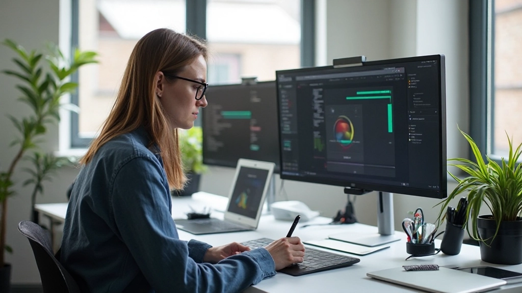 Designer werkt aan Figma scherm met UI-componenten zichtbaar op het display