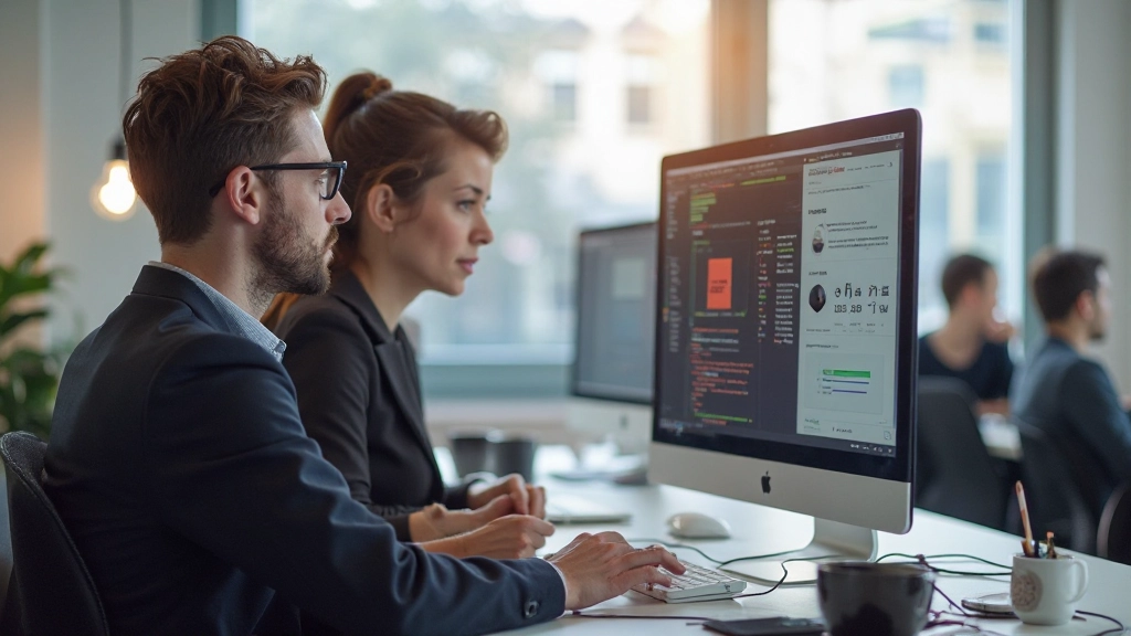 Designer en developer werken samen rond een scherm met Figma interface zichtbaar