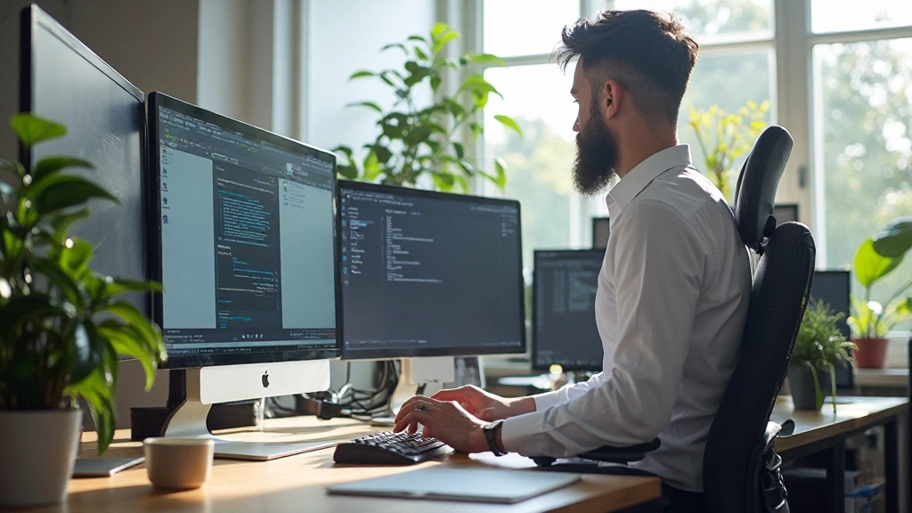 Professionele designer in moderne workspace met Figma projecten op het scherm